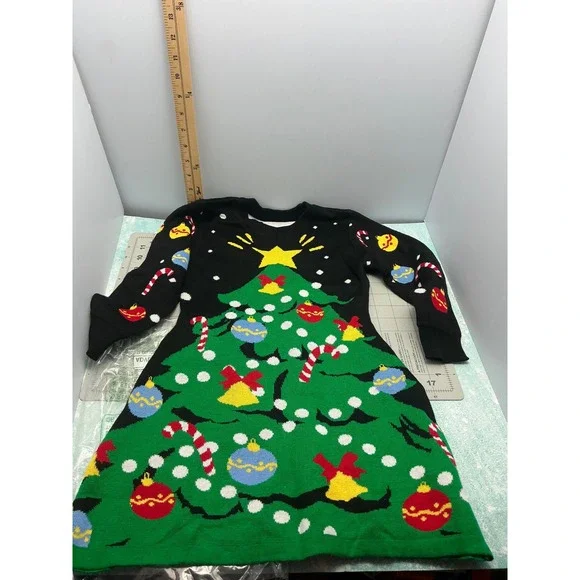 Girls Christmas Tree Sweater Dress Black Knit Long Sleeve Holiday Size M - Picture 2 of 8